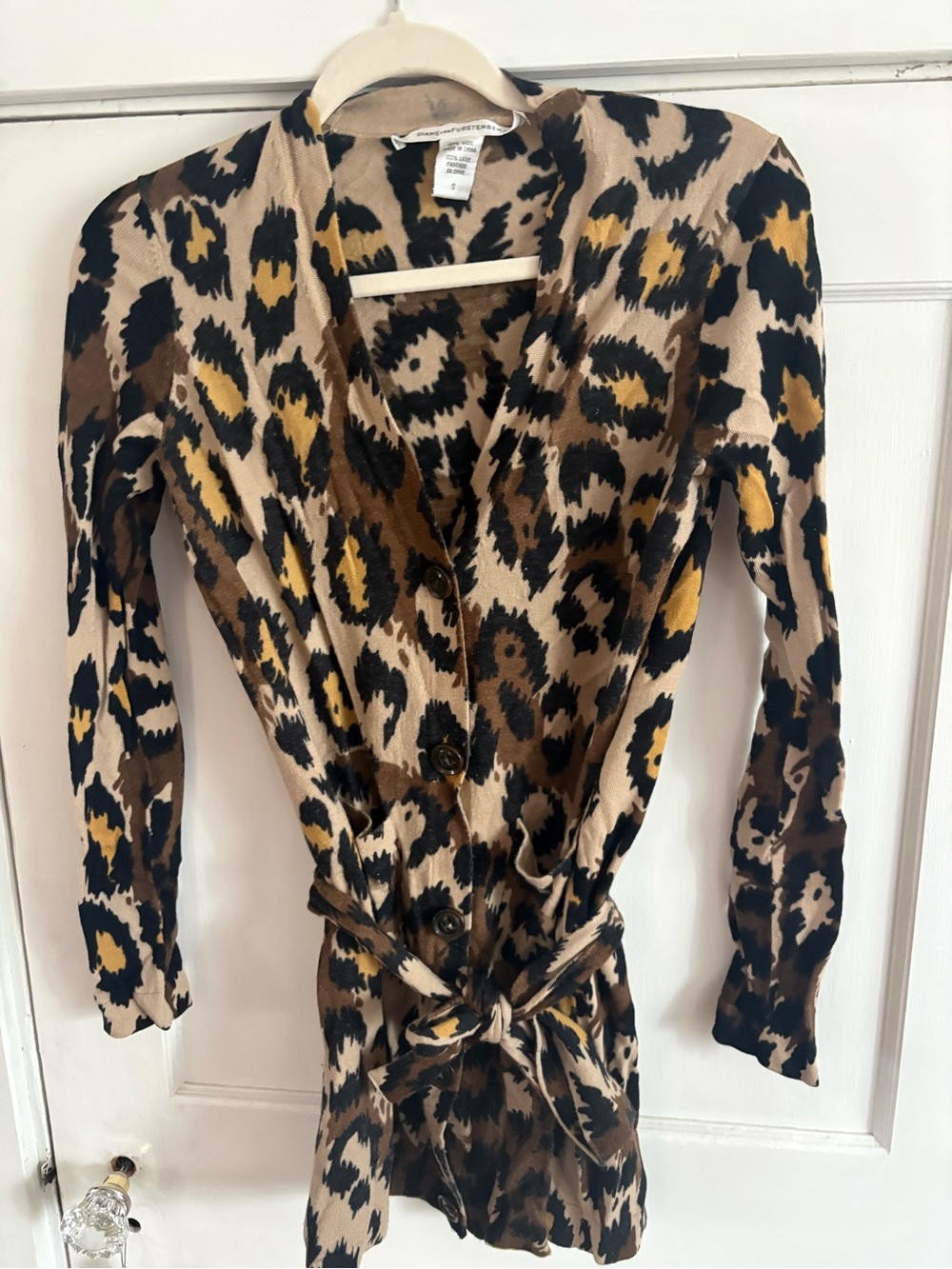 Diane Von Furstenberg Tan, Black and Brown Leopard-Print Belted Cardigan